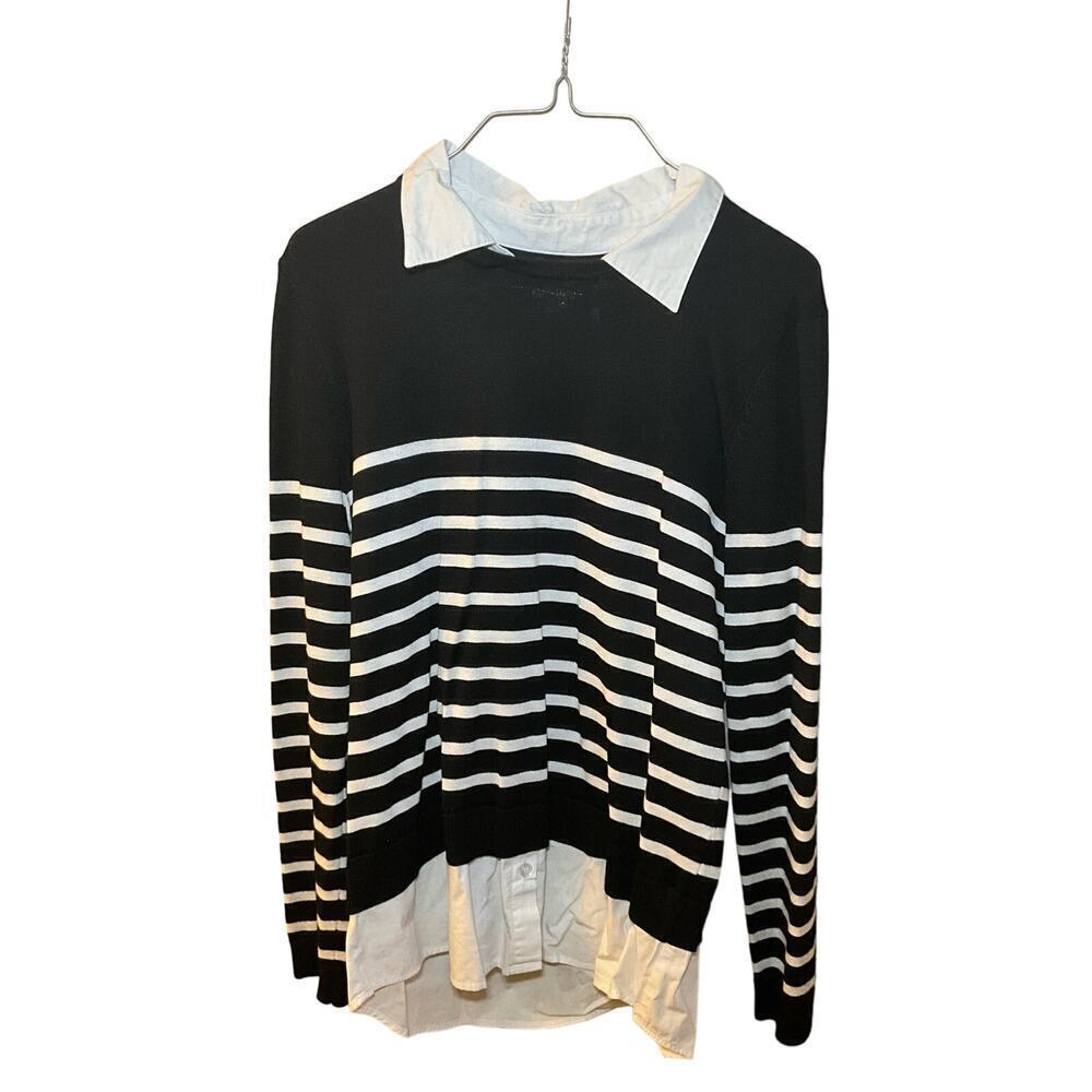 Cable & Gauge Blouse Top Women Large Black White Striped Rayon Ruffle Hem Collar